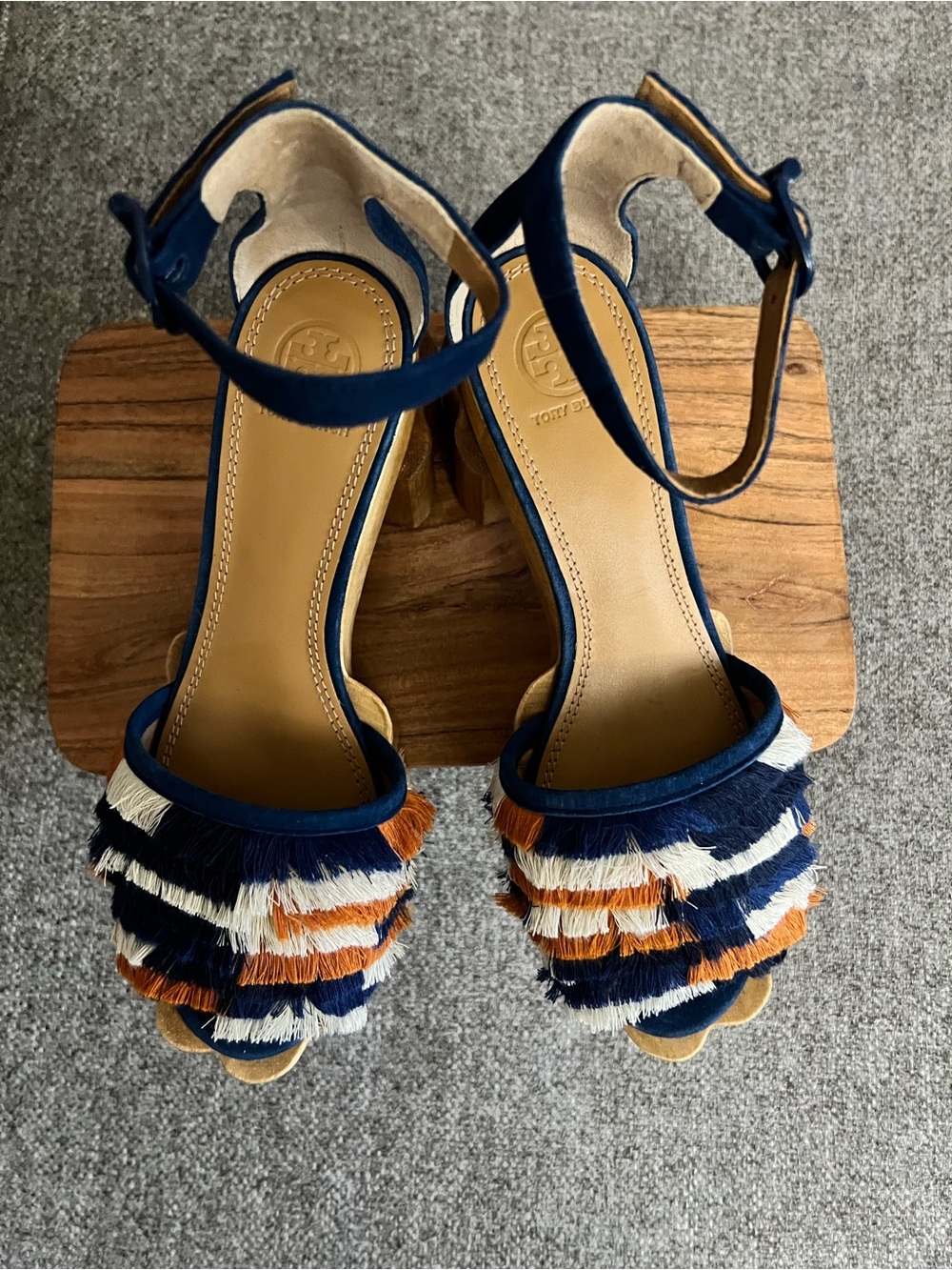 Tory Burch Navy, Orange & White Fringed Block Heel Sandals - Picture 5 of 6